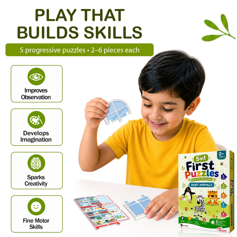 5-in-1 First Puzzles Baby Animals for Toddlers and Kids (Age 2+ Years) Jigsaw Puzzle Set | Fun Memory Games and Creative Activity