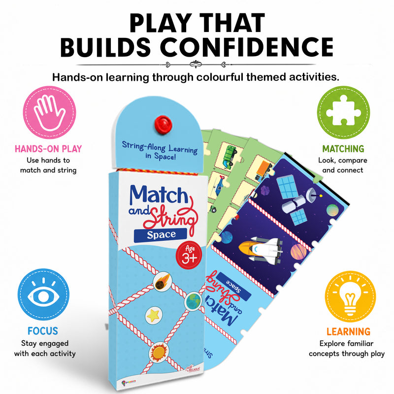 Match and String Space for Kids (Age 3+ Years) String-Along Learning Activity Fine Motor Skills and Matching Game