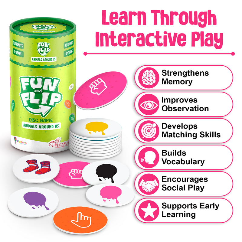 Fun and Flip Animals Around Us Disc Game for Kids Early Learning, Vocabulary and Memory Game for Toddlers (Age 2+ Years)