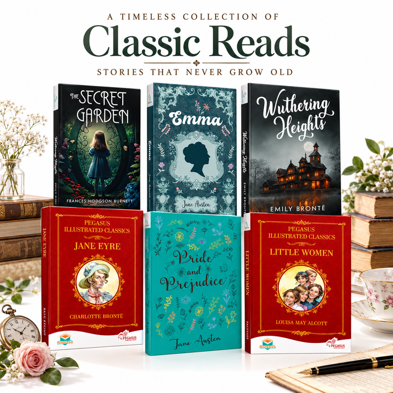 Set of 6 All time favourite Novels - Little Women, Pride and Prejudice, Jane Eyre, Wuthering Heights, Emma, The Secret Garden | For Young Readers