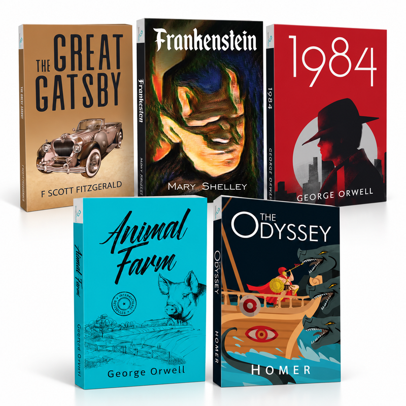Set of 5 Fiction Books for Adults & Child - The Odyssey, Frankenstein, The Great Gatsby, Animal Farm, 1984