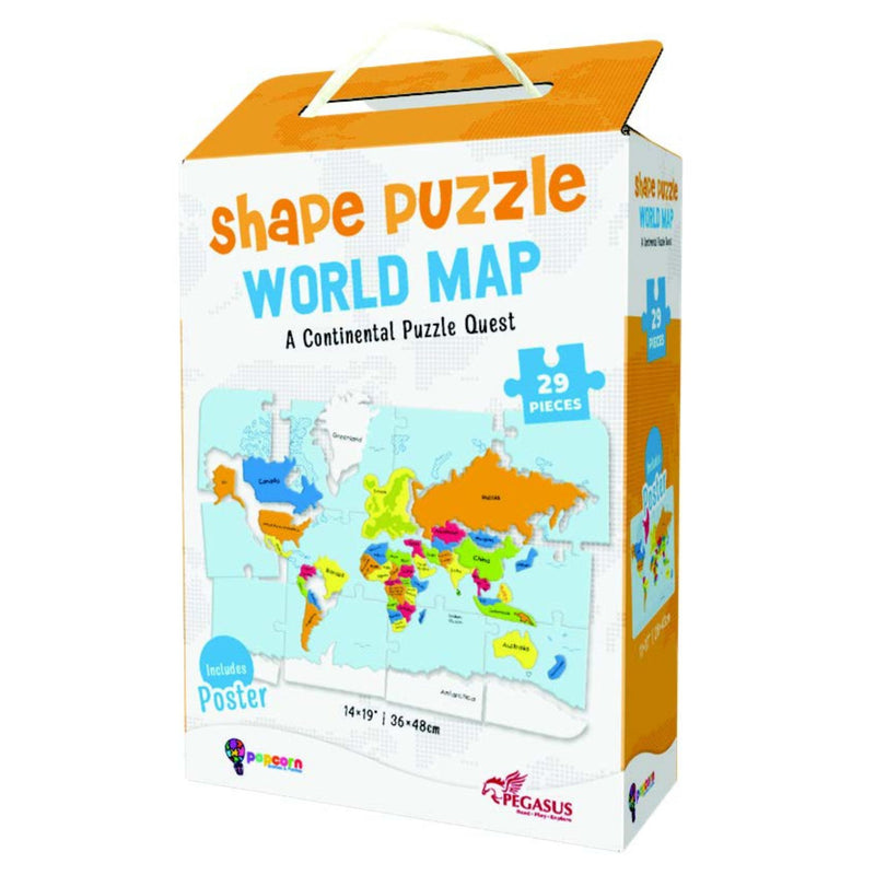 Close-up of the Shape Puzzle - World Map with vibrant puzzle pieces showing continents