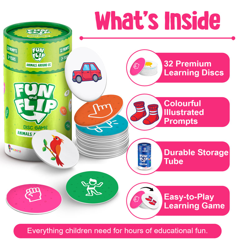 Fun and Flip Animals Around Us Disc Game for Kids Early Learning, Vocabulary and Memory Game for Toddlers (Age 2+ Years)