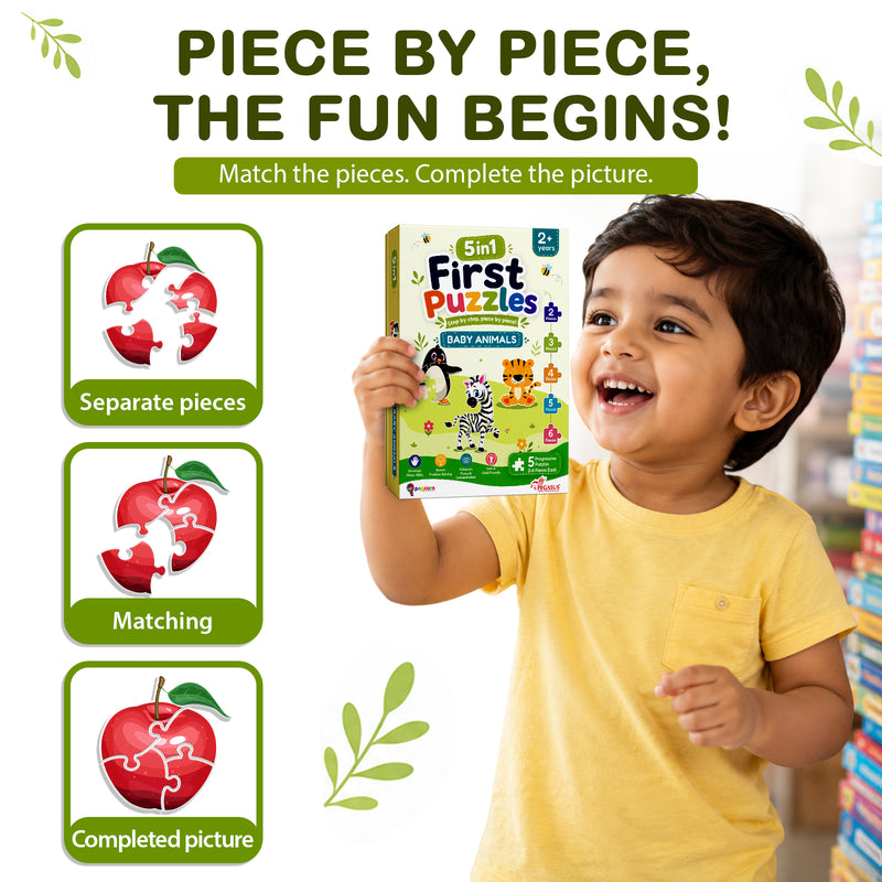 5-in-1 First Puzzles Baby Animals for Toddlers and Kids (Age 2+ Years) Jigsaw Puzzle Set | Fun Memory Games and Creative Activity
