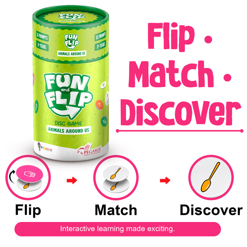 Fun and Flip Animals Around Us Disc Game for Kids Early Learning, Vocabulary and Memory Game for Toddlers (Age 2+ Years)