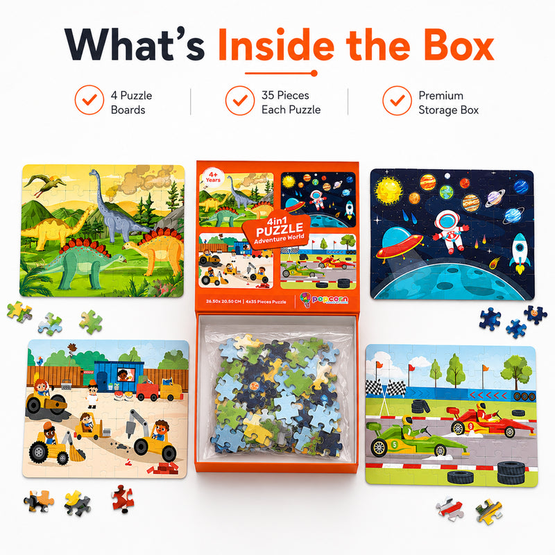 4 in 1 Adventure World Jigsaw Puzzle for Kids Dinosaur, Space, Construction and Racing Theme Brain Development Toy (Age 3+ Years)