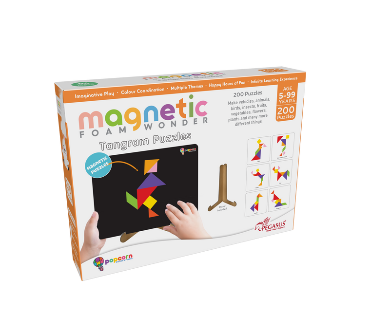 Foam Wonder Tangrams Magnetic Puzzles – 200+ Creative Builds with 350+ Colorful Magnets & Stand (Ages 5-99)