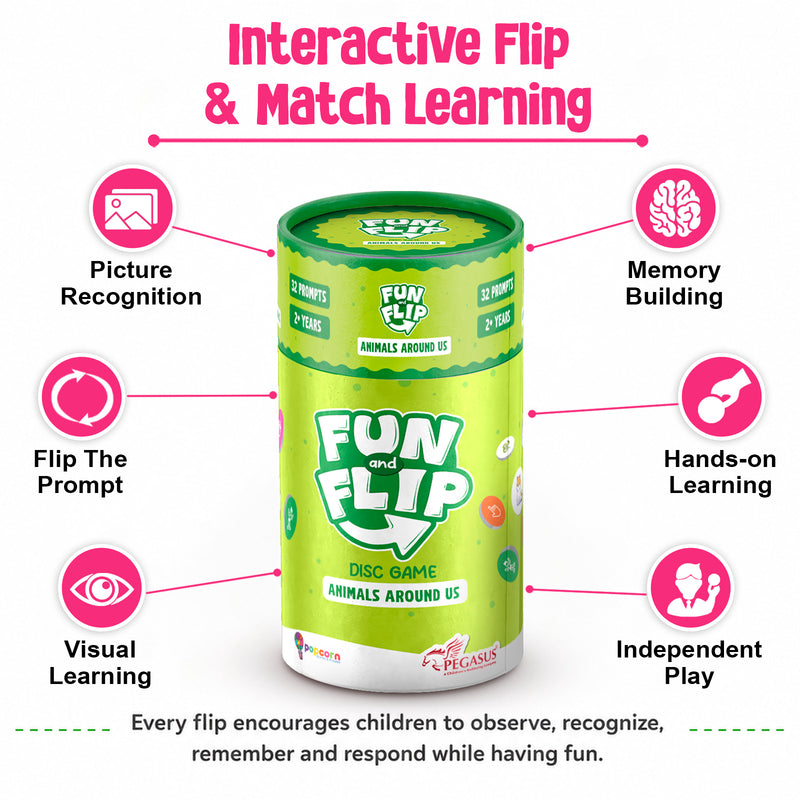 Fun and Flip Animals Around Us Disc Game for Kids Early Learning, Vocabulary and Memory Game for Toddlers (Age 2+ Years)