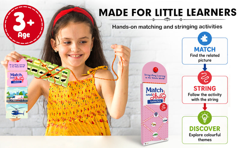 Match and String Vehicles for Kids (Age 3+ Years) String-Along Learning Activity Fine Motor Skills and Matching Game