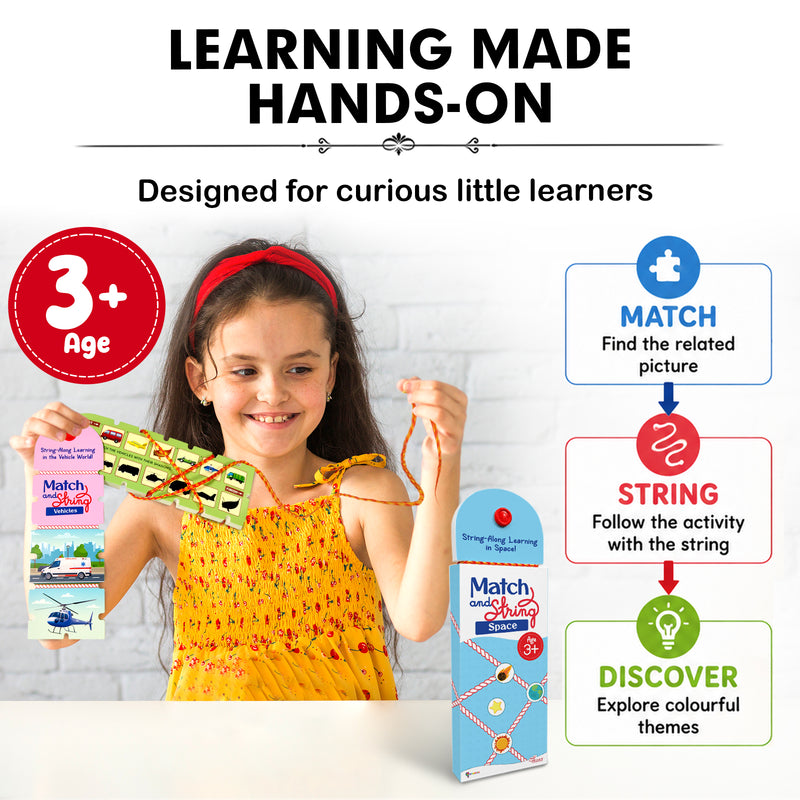 Match and String Space for Kids (Age 3+ Years) String-Along Learning Activity Fine Motor Skills and Matching Game