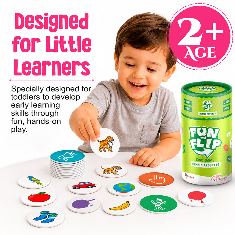 Fun and Flip Animals Around Us Disc Game for Kids Early Learning, Vocabulary and Memory Game for Toddlers (Age 2+ Years)