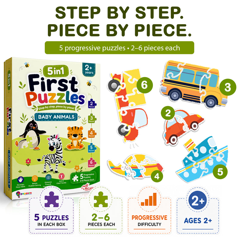 5-in-1 First Puzzles Baby Animals for Toddlers and Kids (Age 2+ Years) Jigsaw Puzzle Set | Fun Memory Games and Creative Activity