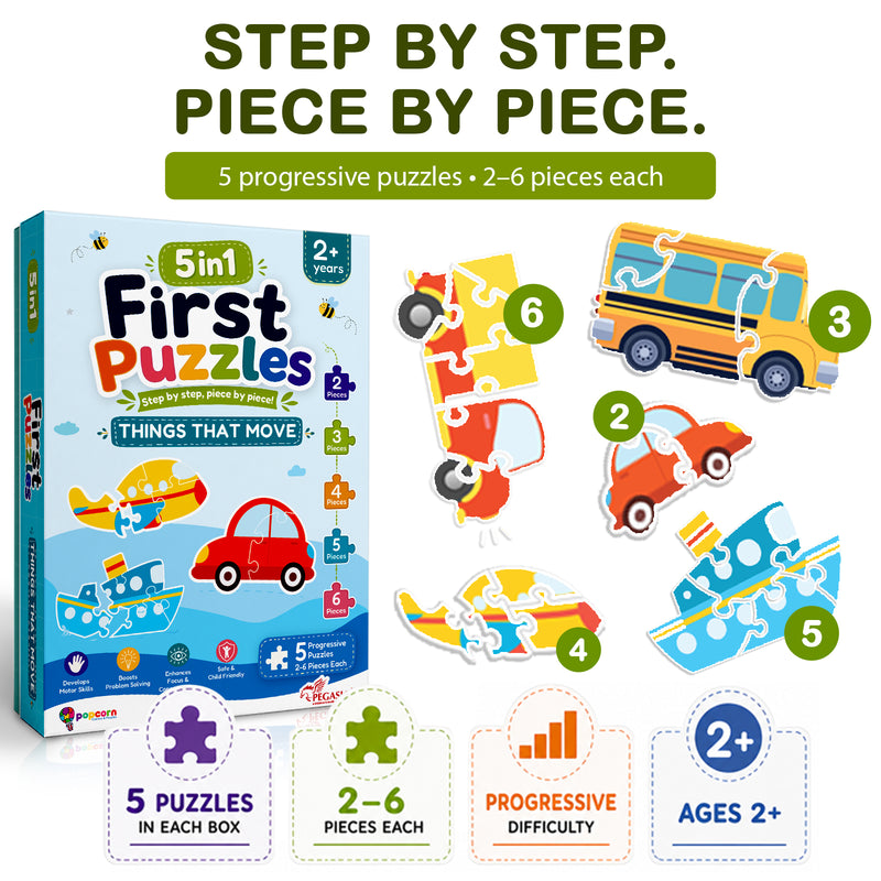 5-in-1 First Puzzles Things That Move for Toddlers and Kids (Age 2+ Years) Jigsaw Puzzle Set | Fun Memory Games and Creative Activity
