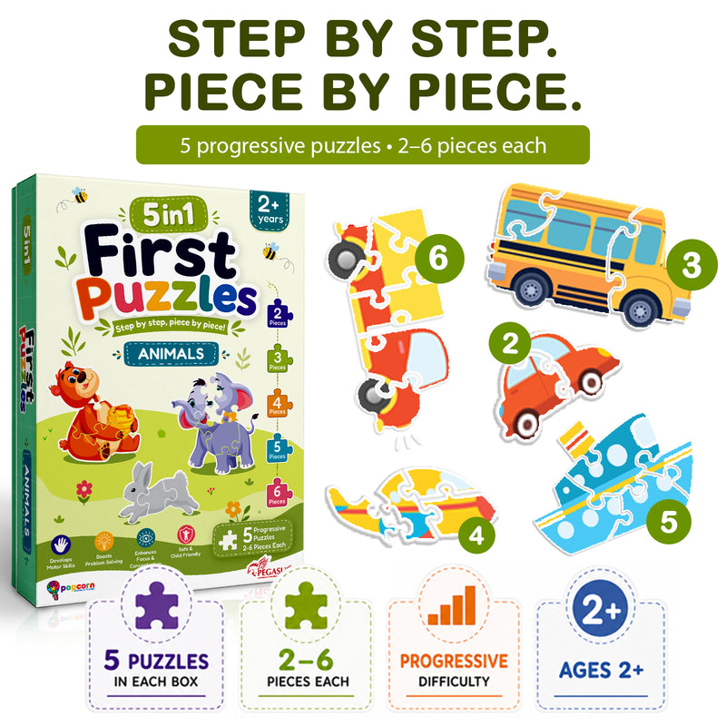 5-in-1 First Puzzles Animals for Toddlers and Kids (Age 2+ Years) Jigsaw Puzzle Set | Fun Memory Games and Creative Activity